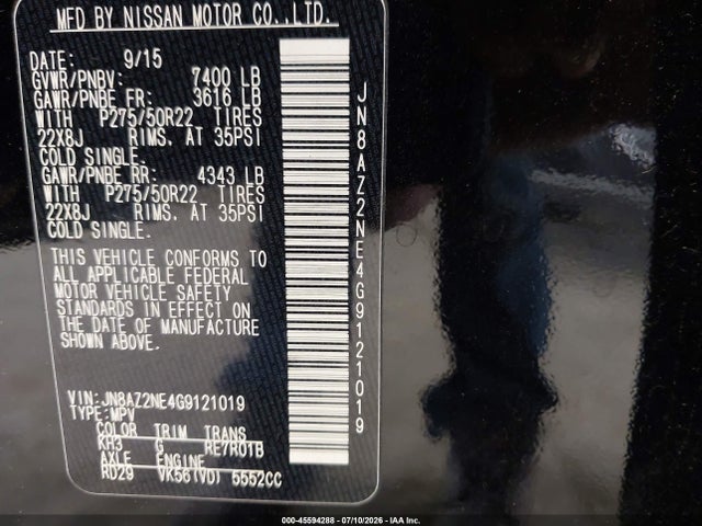Aukcja sprzedaży 2016 Infiniti Qx80 Limited, vin: JN8AZ2NE4G9121019, numer aukcji: 45594288
