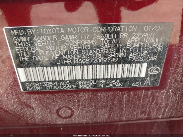 2007 Lexus Es 350 მანქანა იყიდება აუქციონზე, vin: JTHBJ46G872089749, აუქციონის ნომერი: 45594289