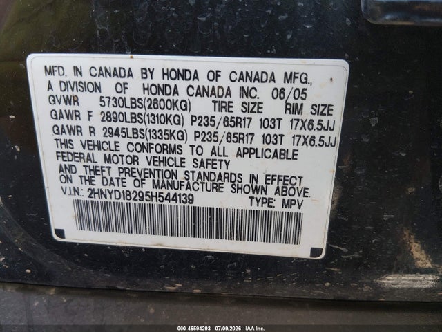 45594293 :رقم المزاد ، 2HNYD18295H544139 vin ، 2005 Acura Mdx مزاد بيع