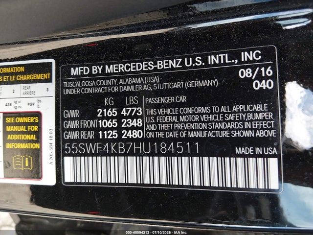 2017 Mercedes-benz C 300 4matic მანქანა იყიდება აუქციონზე, vin: 55SWF4KB7HU184511, აუქციონის ნომერი: 45594313