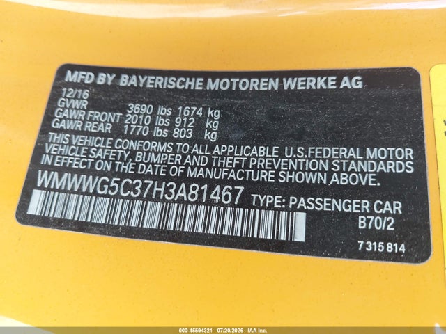 Aukcja sprzedaży 2017 Mini Convertible Cooper, vin: WMWWG5C37H3A81467, numer aukcji: 45594321