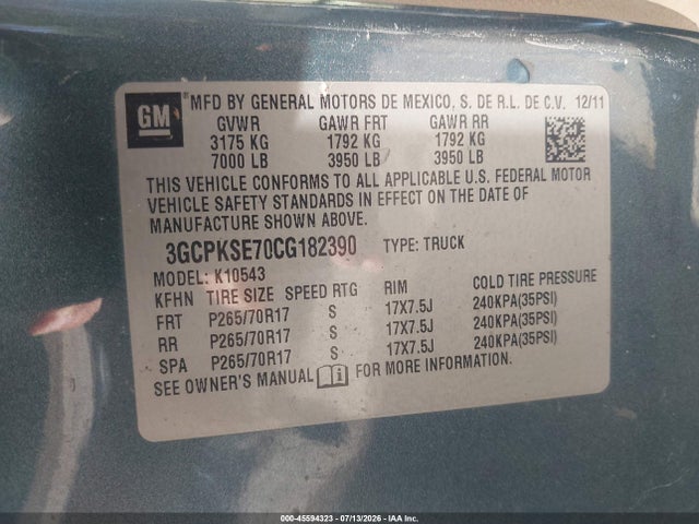 Продаж на аукціоні авто 2012 Chevrolet Silverado 1500 Lt, vin: 3GCPKSE70CG182390, номер лоту: 45594323
