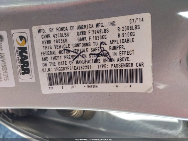 Honda ACCORD LX 2014 1HGCR2F31EA282281 Image 9