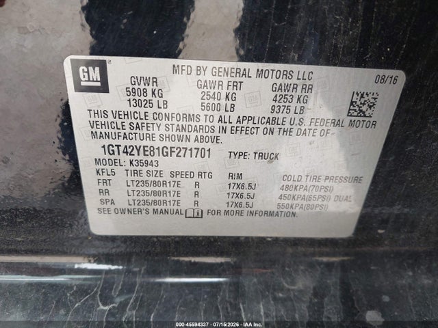 2016 Gmc Sierra 3500hd Denali მანქანა იყიდება აუქციონზე, vin: 1GT42YE81GF271701, აუქციონის ნომერი: 45594337