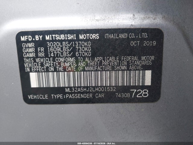 Aukcja sprzedaży 2020 Mitsubishi Mirage Le, vin: ML32A5HJ2LH001532, numer aukcji: 45594336