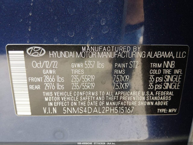 Aukcja sprzedaży 2023 Hyundai Santa Fe Limited, vin: 5NMS4DAL2PH515167, numer aukcji: 45594346