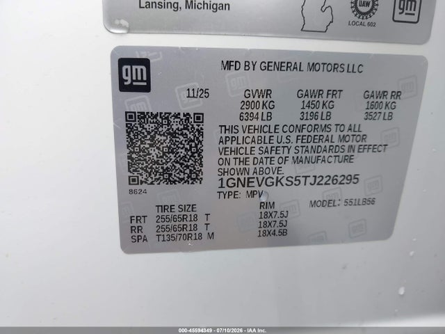 Aukcja sprzedaży 2026 Chevrolet Traverse Awd Lt, vin: 1GNEVGKS5TJ226295, numer aukcji: 45594349