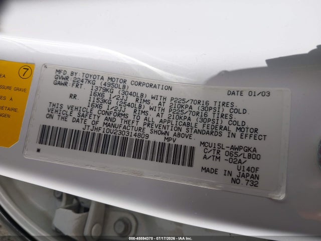 Aukcja sprzedaży 2003 Lexus Rx 300, vin: JTJHF10U230314809, numer aukcji: 45594370