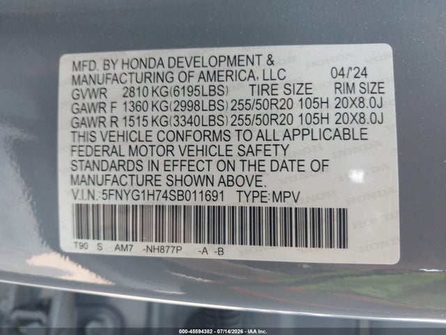Продажа на аукционе авто 2025 Honda Pilot Touring, vin: 5FNYG1H74SB011691, номер лота: 45594382