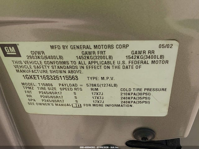 45594393 :رقم المزاد ، 1GKET16S326115563 vin ، 2002 Gmc Envoy Xl Slt مزاد بيع