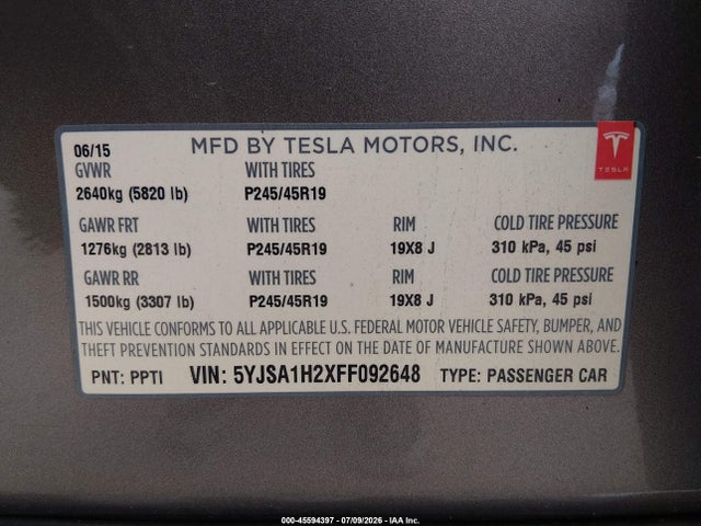 Продажа на аукционе авто 2015 Tesla Model S 70d/85d/p85d, vin: 5YJSA1H2XFF092648, номер лота: 45594397