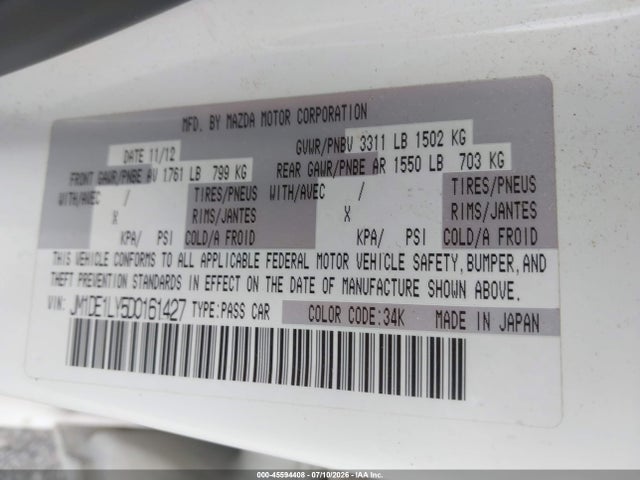45594408 :رقم المزاد ، JM1DE1LY5D0161427 vin ، 2013 Mazda Mazda2 Touring مزاد بيع