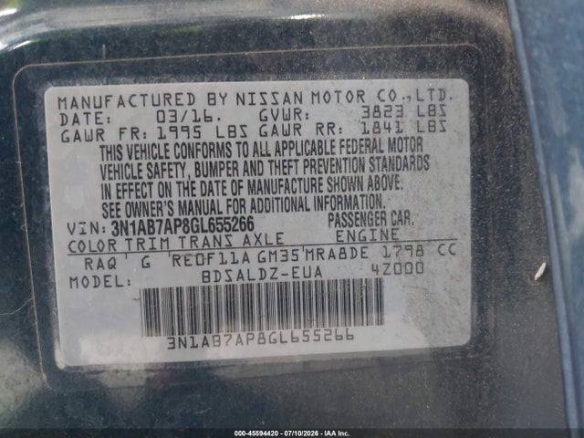 Продажа на аукционе авто 2016 Nissan Sentra Sv, vin: 3N1AB7AP8GL655266, номер лота: 45594420