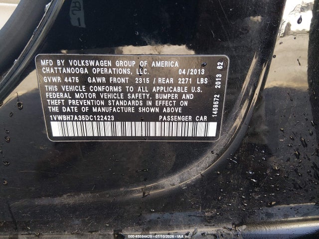 Продаж на аукціоні авто 2013 Volkswagen Passat 2.5l Se, vin: 1VWBH7A35DC122423, номер лоту: 45594425