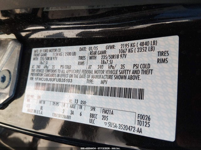 Ford Escape Titanium 2015 1FMCU9J93FUB35103 Image 9