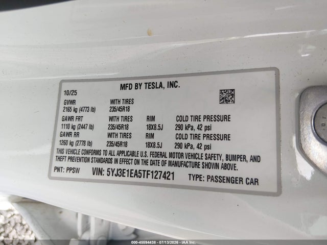 5YJ3E1EA5TF127421 Tesla Model 3 Premium Rear-wheel Drive/rear-wheel Drive