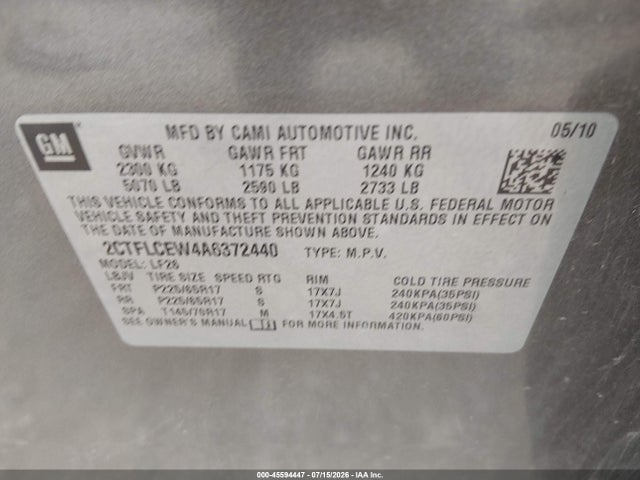 2010 Gmc Terrain Sle-1 მანქანა იყიდება აუქციონზე, vin: 2CTFLCEW4A6372440, აუქციონის ნომერი: 45594447