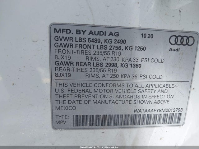 Продажа на аукционе авто 2021 Audi Q5 Premium 45 Tfsi Quattro S Tronic, vin: WA1AAAFY8M2012793, номер лота: 45594474