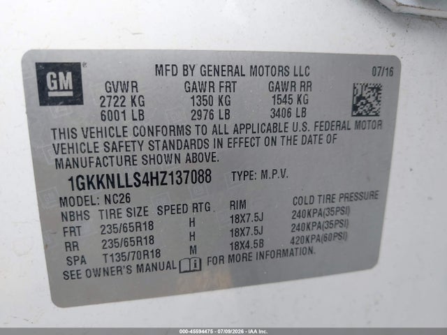 2017 Gmc Acadia Sle-2 მანქანა იყიდება აუქციონზე, vin: 1GKKNLLS4HZ137088, აუქციონის ნომერი: 45594475