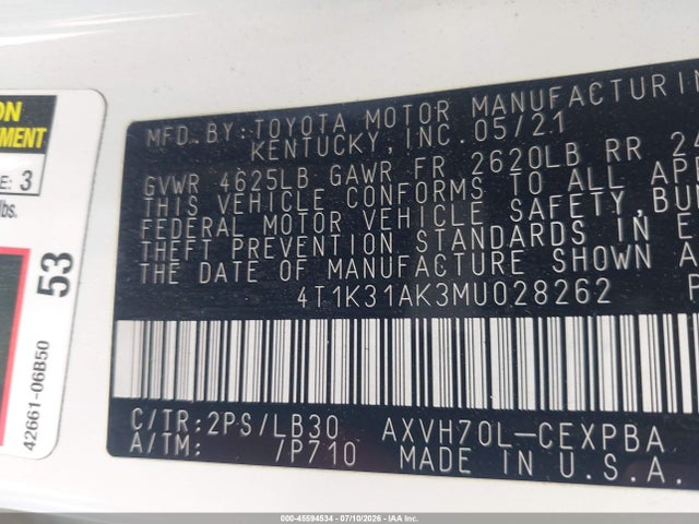 4T1K31AK3MU028262 Toyota Camry Xse Hybrid
