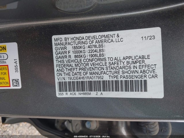 2024 Acura Integra A-spec Technology მანქანა იყიდება აუქციონზე, vin: 19UDE4H61RA017952, აუქციონის ნომერი: 45594535