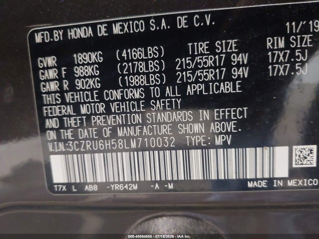 Продажа на аукционе авто 2020 Honda Hr-v Awd Ex, vin: 3CZRU6H58LM710032, номер лота: 45594555