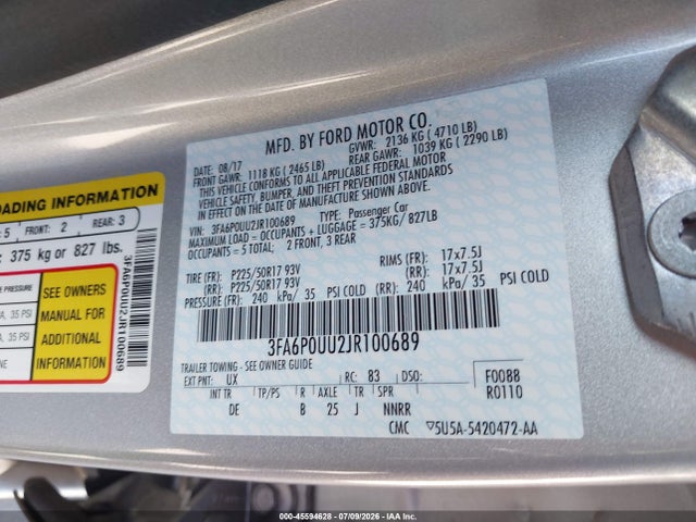 Ford Fusion Hybrid S 2018 3FA6P0UU2JR100689 Image 9