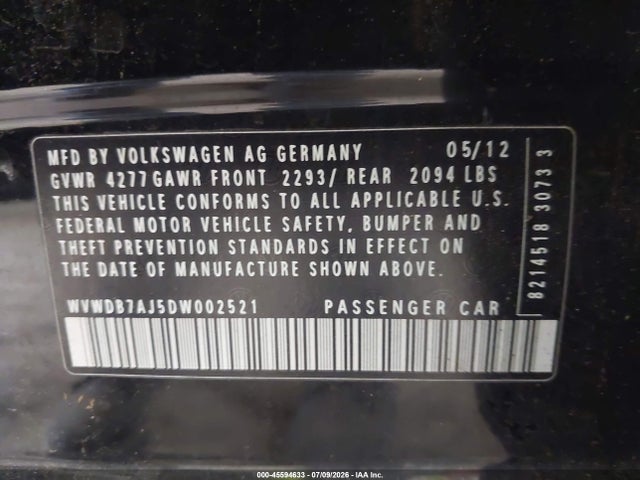 2013 Volkswagen Golf 2.5l 4-door მანქანა იყიდება აუქციონზე, vin: WVWDB7AJ5DW002521, აუქციონის ნომერი: 45594633