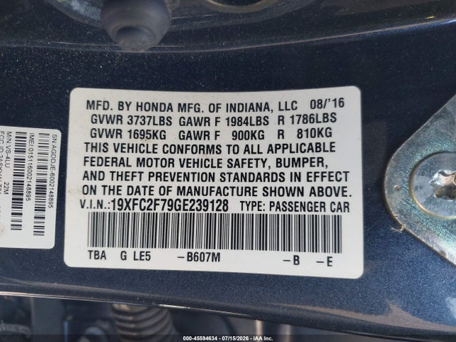 Honda CIVIC EX 2016 19XFC2F79GE239128 Image 9