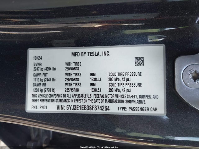 Tesla Model 3 Long Range All-wheel Drive 2025 5YJ3E1EB3SF874264 Image 9