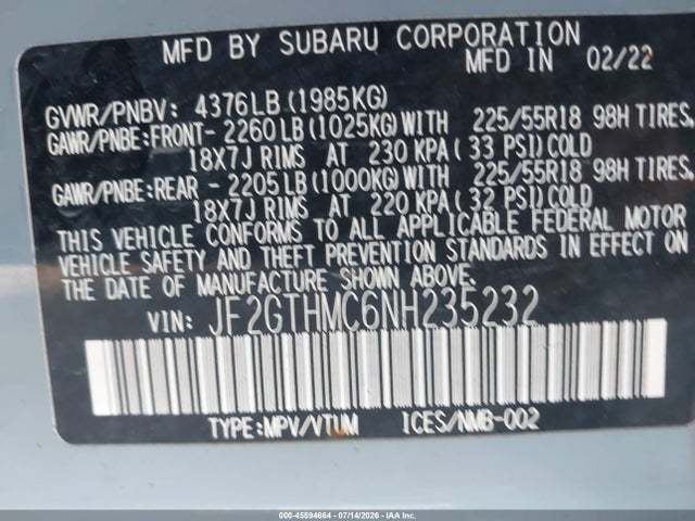 Aukcja sprzedaży 2022 Subaru Crosstrek Limited, vin: JF2GTHMC6NH235232, numer aukcji: 45594664