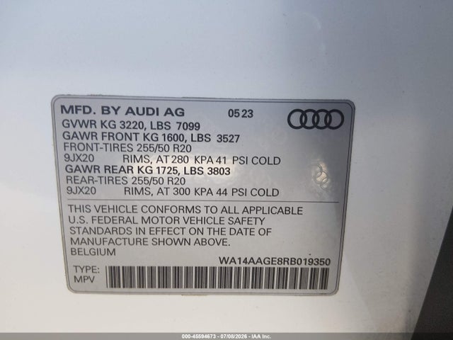 2024 Audi Q8 E-tron Premium Quattro მანქანა იყიდება აუქციონზე, vin: WA14AAGE8RB019350, აუქციონის ნომერი: 45594673