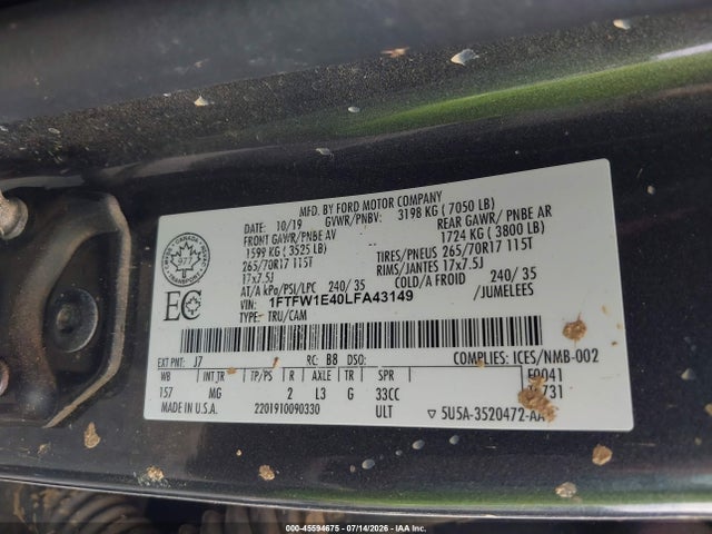 2020 Ford F-150 Xlt მანქანა იყიდება აუქციონზე, vin: 1FTFW1E40LFA43149, აუქციონის ნომერი: 45594675