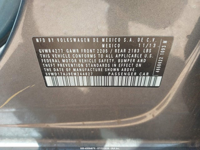 2014 Volkswagen Jetta 1.8t Se მანქანა იყიდება აუქციონზე, vin: 3VWD17AJ9EM244827, აუქციონის ნომერი: 45594678