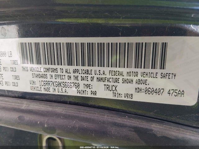 Продажа на аукционе авто 2019 Ram 1500 Classic Tradesman  4x4 5'7 Box, vin: 1C6RR7KG0KS666760, номер лота: 45594710