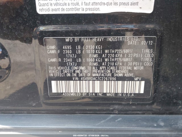 Aukcja sprzedaży 2012 Subaru Outback 3.6r, vin: 4S4BRDAC7C2267896, numer aukcji: 45594725