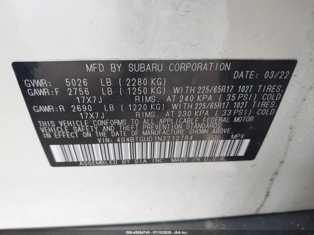 Aukcja sprzedaży 2022 Subaru Outback Wilderness, vin: 4S4BTGUD1N3212784, numer aukcji: 45594745