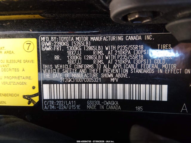 Aukcja sprzedaży 2007 Lexus Rx 350, vin: 2T2GK31U07C005321, numer aukcji: 45594755