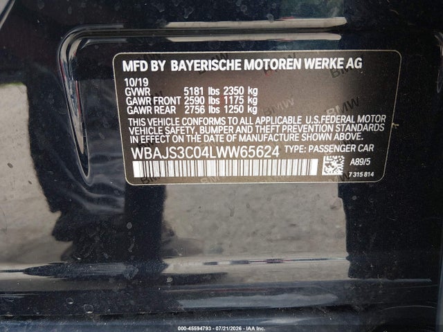 45594793 :رقم المزاد ، WBAJS3C04LWW65624 vin ، 2020 Bmw 540i Xdrive مزاد بيع