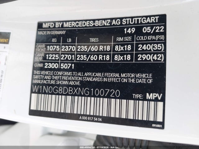 45594795 :رقم المزاد ، W1N0G8DBXNG100720 vin ، 2022 Mercedes-benz Glc 300 Suv مزاد بيع