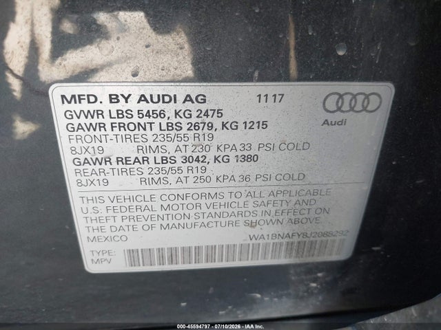 Aukcja sprzedaży 2018 Audi Q5 2.0t Premium/2.0t Tech Premium, vin: WA1BNAFY8J2088292, numer aukcji: 45594797