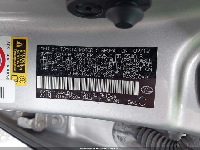 Продажа на аукционе авто 2013 Lexus Es 350, vin: JTHBK1GG7D2019598, номер лота: 45594817