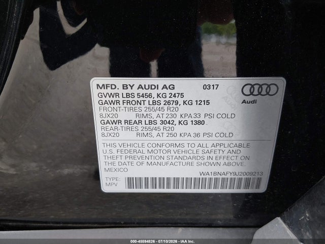 2018 Audi Q5 2.0t Premium/2.0t Tech Premium მანქანა იყიდება აუქციონზე, vin: WA1BNAFY9J2009213, აუქციონის ნომერი: 45594826