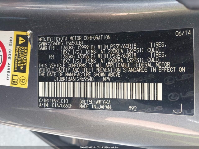 Auction sale of the 2015 Lexus Rx 350, vin: JTJBK1BA6F2469540, lot number: 45594835