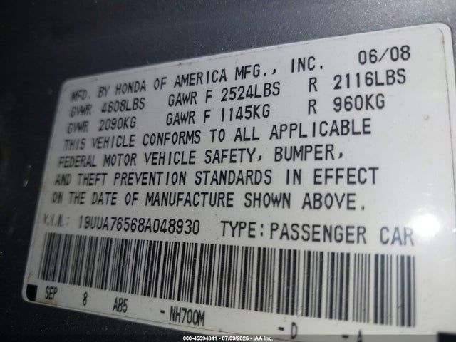 Продажа на аукционе авто 2008 Acura Tl Type S, vin: 19UUA76568A048930, номер лота: 45594841