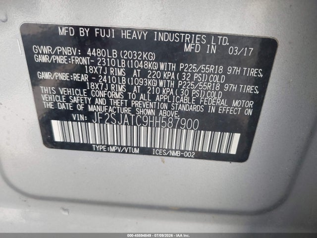 Продаж на аукціоні авто 2017 Subaru Forester 2.5i Touring, vin: JF2SJATC9HH587900, номер лоту: 45594849