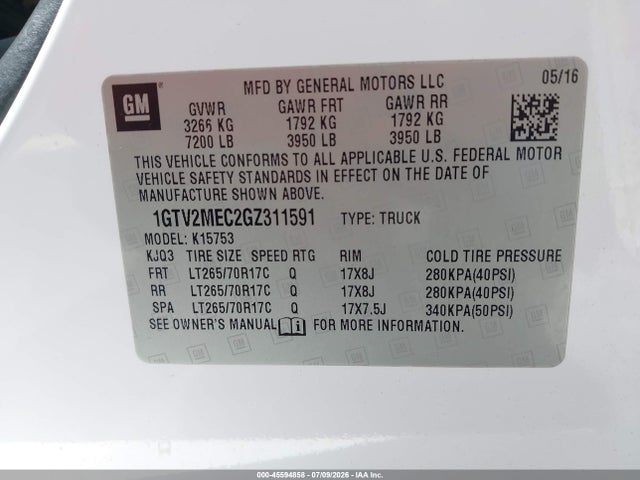 2016 Gmc Sierra 1500 Sle მანქანა იყიდება აუქციონზე, vin: 1GTV2MEC2GZ311591, აუქციონის ნომერი: 45594858