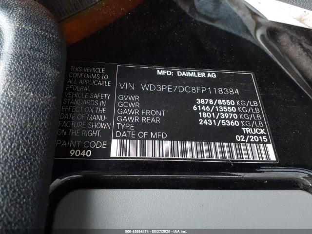 2015 Mercedes-benz Sprinter 2500 Normal Roof მანქანა იყიდება აუქციონზე, vin: WD3PE7DC8FP118384, აუქციონის ნომერი: 45594874
