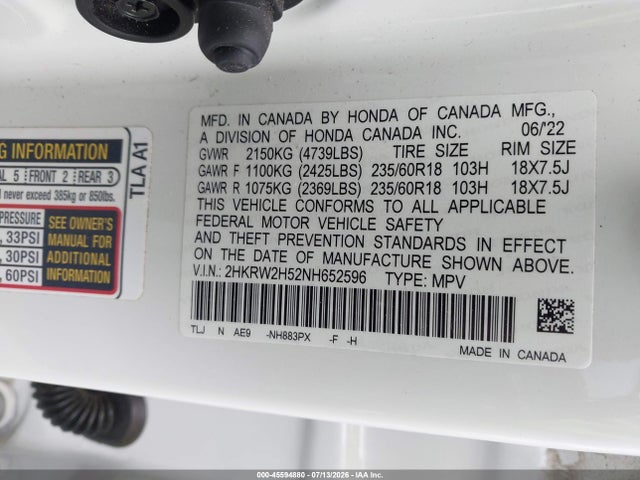 Продаж на аукціоні авто 2022 Honda Cr-v Awd Ex, vin: 2HKRW2H52NH652596, номер лоту: 45594880