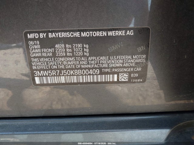 2019 Bmw 330i Xdrive მანქანა იყიდება აუქციონზე, vin: 3MW5R7J50K8B00409, აუქციონის ნომერი: 45594894